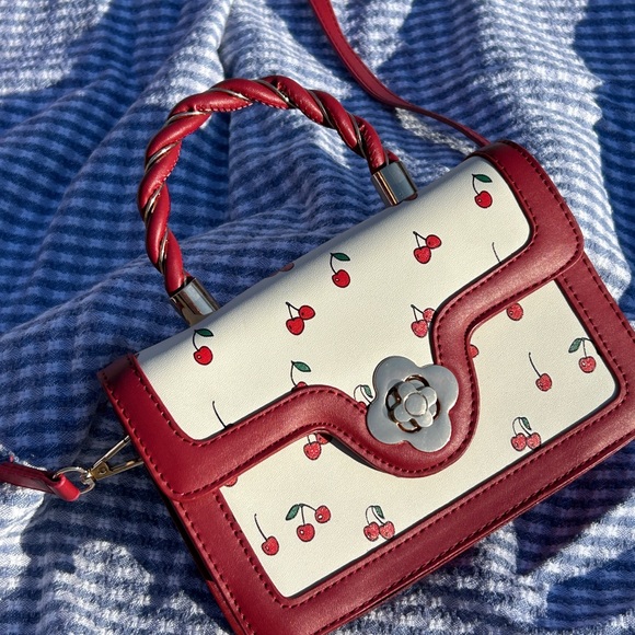 Handbags - Red and Cream Mini Bag with Cherry Details